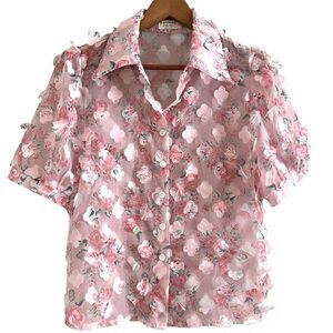 Sapphire Pink 3D Rose top S Sheer Floral Button Up Dainty Cottagecore Fairy
